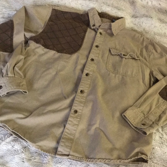 Khaki canvas button down shirt M elbow patches rustic hunter field stream - Picture 1 of 8